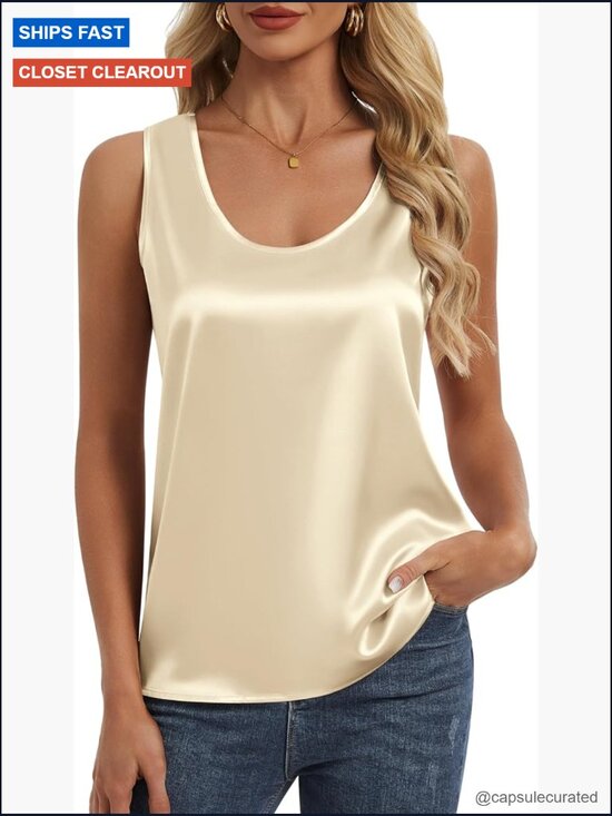 Tops - Silk Satin Scoop Neck Tank Top Sleeveless Casual Dressy Blouse Camisole